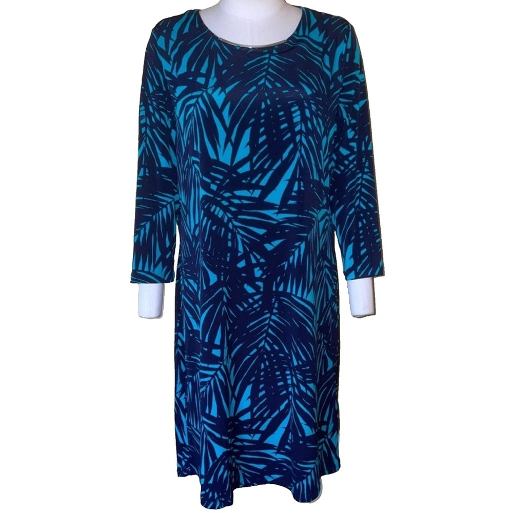 Michael Kors Blue & Turquoise Palm Leaf Silver Logo 3/4 Sleeve Dress NWOT